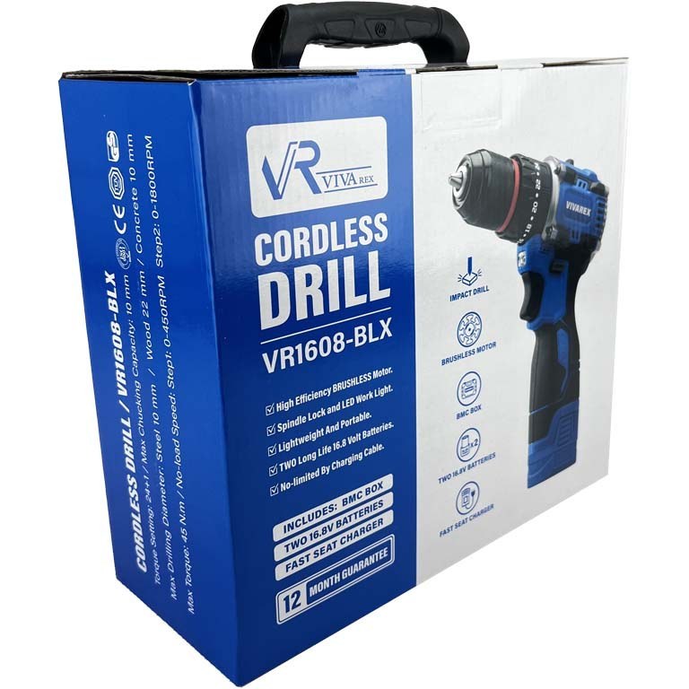  دریل شارژی چکشی 16.8 ولت ویوارکس دو باطری موتور براشلس VR1608-BLX 